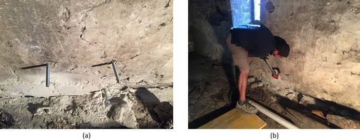 Prova di estrazione di barre filettate precedentemente inghisate su muratura in pietra presso antico edificio a Colloro 