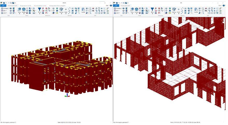 Modello a telaio equivalente e modello a plate shell - si ringrazia ing. Sansone dello Studio Spin Up Associati per le immagini