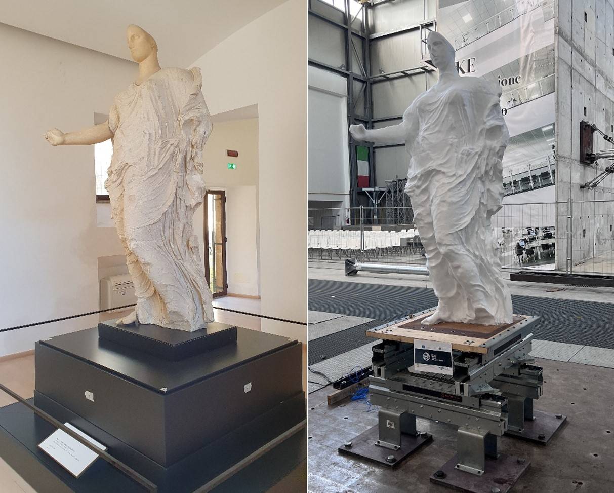 Figura 1. - a) La statua della Dea di Morgantina presso il Museo di Aidone; b) la replica a scala reale, munita di isolatore, posta sulle tavole vibranti del L.E.D.A.