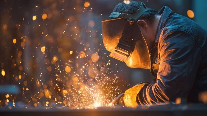 Un saldatore al lavoro indossa una maschera protettiva e guanti mentre salda un pezzo di metallo. Scintille e frammenti incandescenti si sprigionano durante la lavorazione, illuminando la scena con bagliori arancioni.