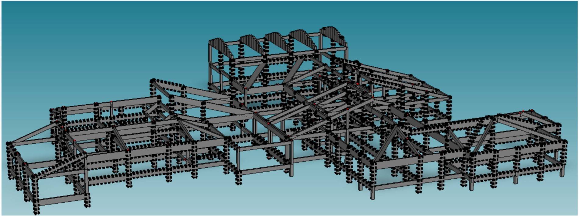 Figura 1: Modellazione strutturale a elementi finiti dell’insieme delle unità strutturali. I profili tratteggiati sono quelli oggetto del rinforzo strutturale.