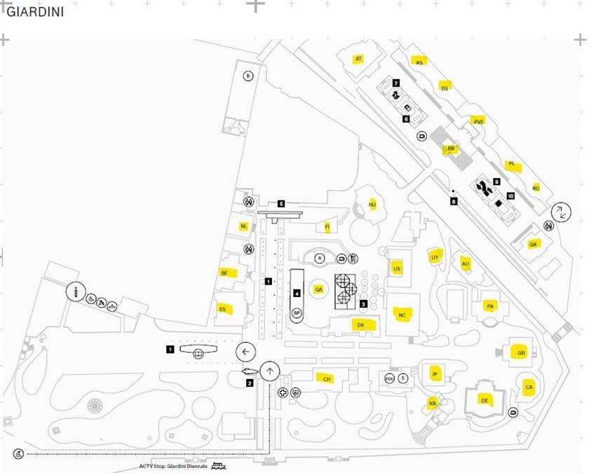 Mappa dei Padiglioni Nazionali ai Giardini (Biennale di Architettura 2025).