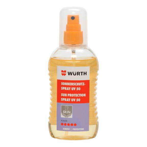 Spray solare Würth UV 50 per la protezione della pelle dai raggi ultravioletti sul lavoro.