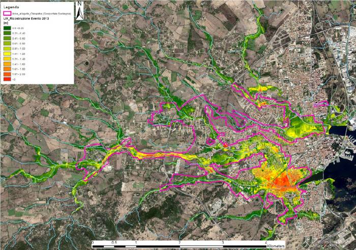 Distribuzione delle aree di allagamento e relativi tiranti ricostruita da Technital-Beta Studio nel corso della redazione della variante generale al PAI