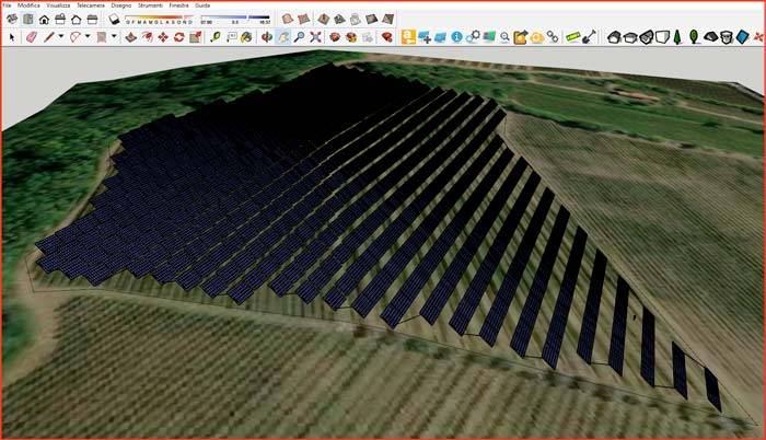 archeliosTM Pro consente la modellazione di impianti con pannelli posati su terreno, seguendone la morfologia