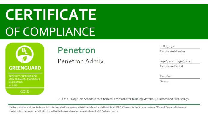 Penetron ha ottenuto la certificazione GREENGUARD